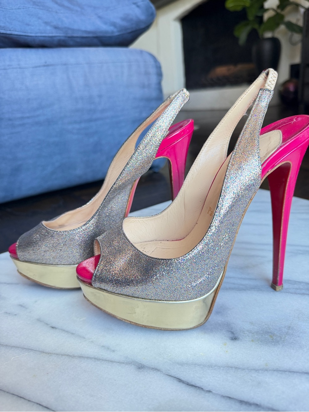 Christian Louboutin Silver Glitter Peep-Toe Slingback Heels Hot Pink Heel Size 6